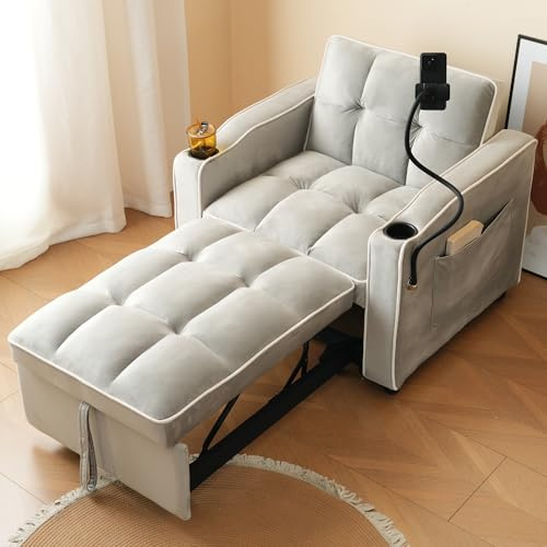 ModernLuxe 3-in-1 Expandable Single Sofa Bed, Multifunctional Chair Bed with Built-in Drink Holders and Phone Holder, Comfortable Recliner Armchair, Space-Saving Design, Velvet, Grey, 83x167x76cm