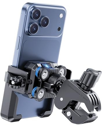 Grefay Soporte móvil Moto [4 amortiguadores de Vibraciones] Soporte telefono Moto, Soporte movil Bicicleta para iPhone 17, 16, 15, 14, 13 y Otros Smartphones de 4,7-7 (Negro)