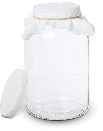 kitchentoolz 1 Gallon Glass Wide Mouth Kombucha Brewing Mason Jar - Home Brewing and Fermenting Kit with Cotton Cloth Filter, Rubber Band and Plastic Lid (1 Jar)