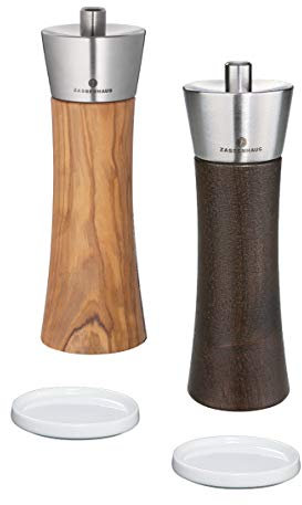 Zassenhaus Set Augsburg 18 cm Salzmühle Olivenholz & Pfeffermühle Nussbaum & Porzellanuntersetzer