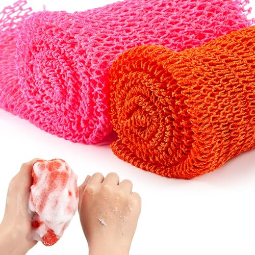 Shappy 2 Pcs African Net Sponge Exfoliating Net African Body Scrubber Bath Rag Washcloth Towel Shower Body Back Scrubber Skin Smoother for Daily Use or Stocking Stuffer (Orange, Pink)