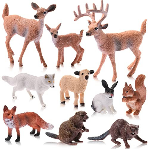 10 Figure di Animali di Foresta Piccolo Scoiattolo Castoro Coniglio Cervo in Miniatura Figurine di Animali di Bosco Giocattoli Educativi Topper per Torta per Regalo Laurea Festa Compleanno