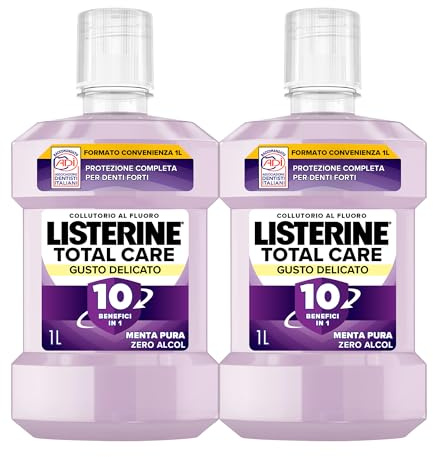 LISTERINE Total Care, Collutorio 0% alcol al gusto di Menta Pura, Collutorio senza alcool con 10 benefici in 1 per una protezione completa e denti più forti, 2x1L – Esclusiva Amazon