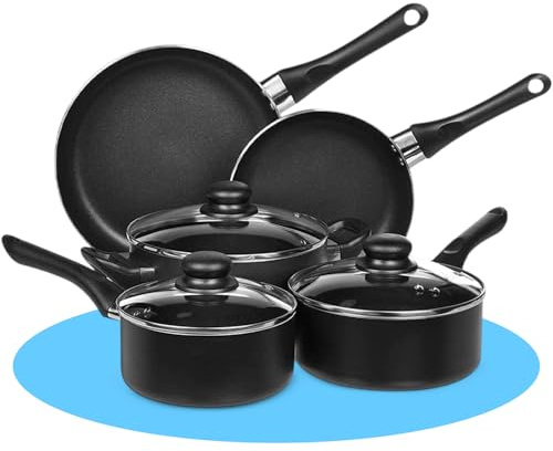 FLASHPRIX Bateria de Cocina de 8 piezas. Juego de Ollas y Sartenes Completo: 2 Sartén 2 Cazo 1 Cacerola 3 Tapas de Cristal. Aluminio con mangos de Baquelita