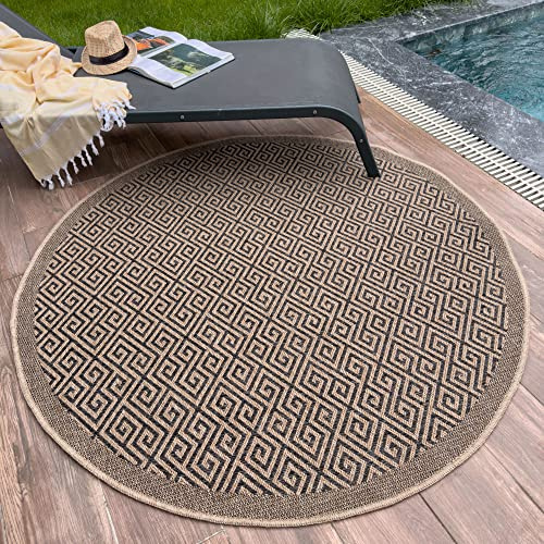 THE RUGS Nature Collection Outdoor Rug – Indoor/Outdoor Tona Border Area Rug for Patio, Deck, Garden, Kitchen, Bathroom or Living Room (Greek Key-Dark Grey, 160 cm Round)
