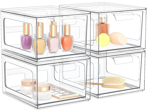 SpaceHacks 4 Pack Stackable Plastic Makeup Organizer Drawers, Acrylic Organizers, Clear Storage Bins with Pull-Out Handles for Vanity, Kitchen Cabinets, Pantry