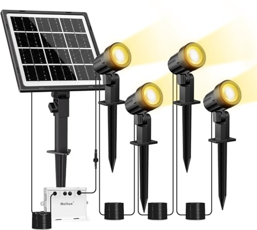 MEIHUA Sol trädgårdsljus 4 stycken 2700 K varm vit 3 ljusstyrkor 3 lägen IP66 vattentät 5 000 mAh solstrålkastare 14 m kabel, trädgårdsbelysning för trädgårdar, buskar träd terrass halloween