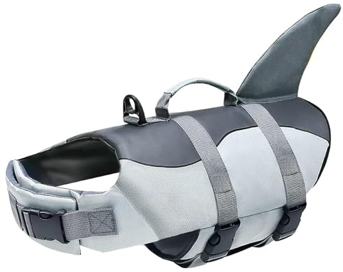 Izefia Dog Life Jacket Swimming Safety Coat Floatation Life Vest Life Saver with Handle Dog Life Jacket for Small Dog Puppy Large Dog Grey Shark XS