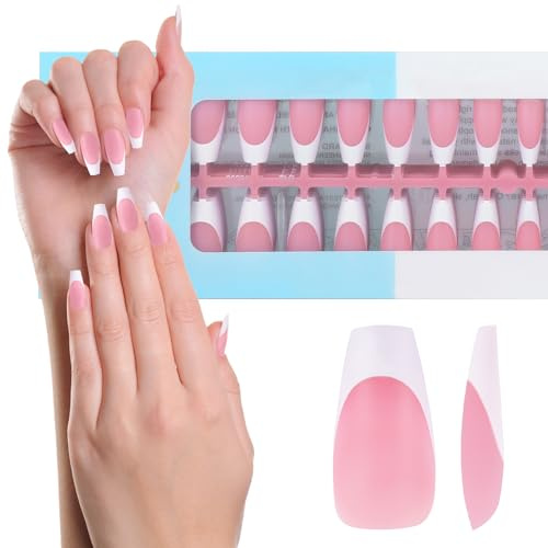 JSRQT 240 Pezzi Unghie Finte French Gel, Unghie Finte Artificiali con Punta Francese Lunga Bara, 3 in 1 X-Coat Stick Unghie Acrilico French Press on Nail, Fake Nail Art DIY per Donne e Ragazze, Rosa