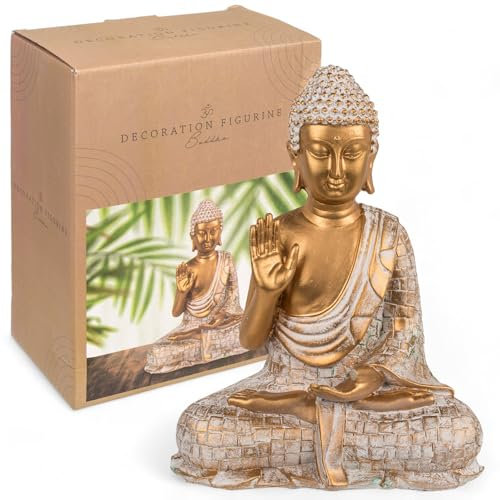 MIJOMA Figura decorativa de Buda, oro y blanco, aspecto vintage, polirresina, 14-34 cm de altura, opcional, con portavelas, calma espiritual y elegancia (16,5 x 10 x 21 cm)