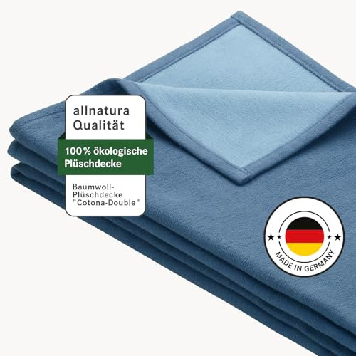 allnatura Flauschige Baumwoll-Plüschdecke Cotona-Double 140x200 cm in Blau, Made in Germany - große GOTS-zertifizierte Sofadecke 100% Bio-Baumwolle - waschmaschinenfeste Wohndecke Couchdecke