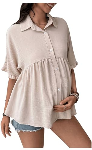 MakeMeChic Women's Maternity Blouse Linen Half Sleeve Collar Ruffle Button Down Shirt Pregnancy Top Apricot Large