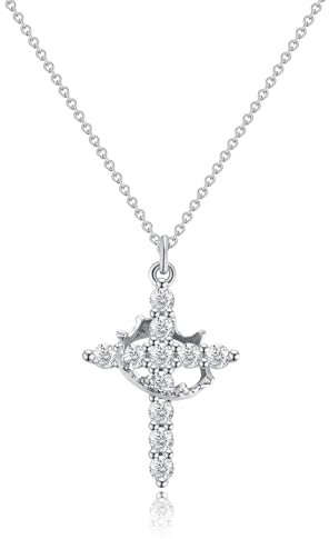 Tewiky Silver Crown Cross Necklace for Women Faith Jewelry Gift for First Communion, Silver