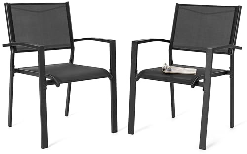 Avestar Ensemble de 2 Chaises de Jardin Extérieur en Textilène Respirant, Fauteuil, Chaises de Table de Jardin, Chaise Empilable pour Toutes Les Conditions Météorologiques, Noir