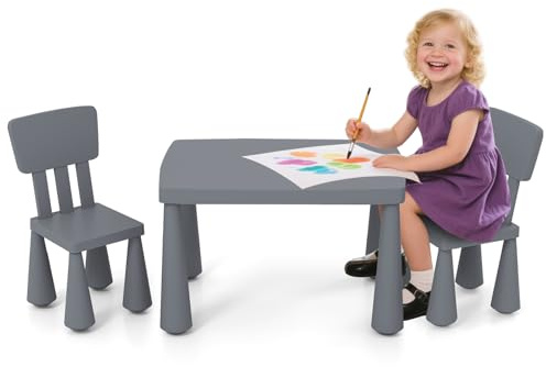 HONEY JOY Kids Table and Chair Set, Plastic Children Activity Table and 2 Chairs for Art Craft, Easy-Clean Tabletop, 3-Piece Toddler Furniture Set for Daycare Playroom, Gift for Boys Girls (Grey)
