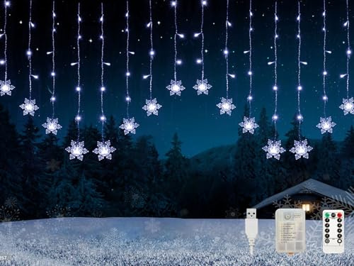 Kuataty Cortina de luces con copos de nieve, para interiores, 2 x 1 m, con pilas, USB, iluminación navideña, ventana con temporizador, cadena de luces LED de color blanco frío con mando a distancia