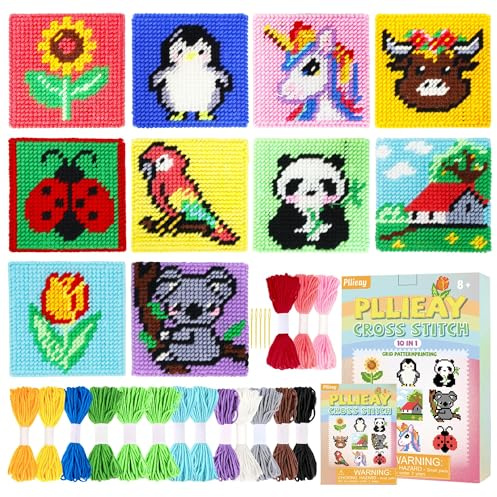 Pllieay Kit di Punto Croce 10 in 1 per Principianti, Kit di Punto Croce Facile per Bambini, Include 10 Teli di Plastica con Motivi Pre-stampati, 16 Filati di Colori, Aghi