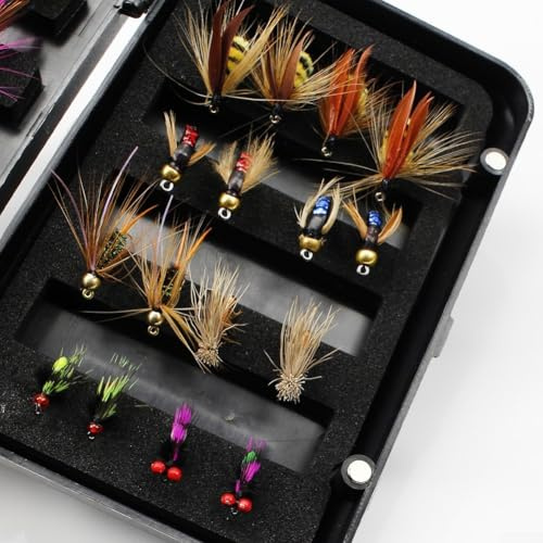 Yhenlovtt Juego de moscas de pesca con mosca y lubina, para trucha húmeda, hecha a mano y señuelo, 24/32 piezas, surtido de ninfas y hormigas, pesca con mosca de salmón (C32PCS)