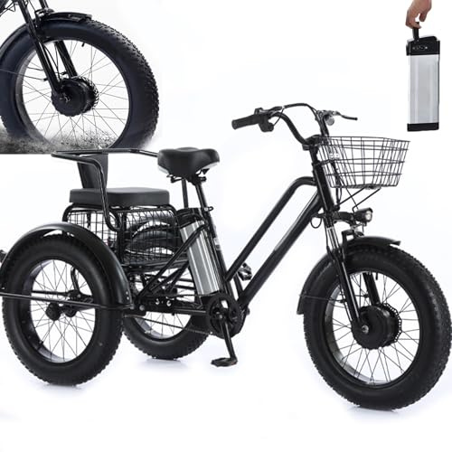 Electric Tricycle for Adults - 20'' Fat Tire Off-Road Tricycle with Shopping Basket & Rear Child Seat, 200Kg Load Capacity, 48V/12Ah Battery,