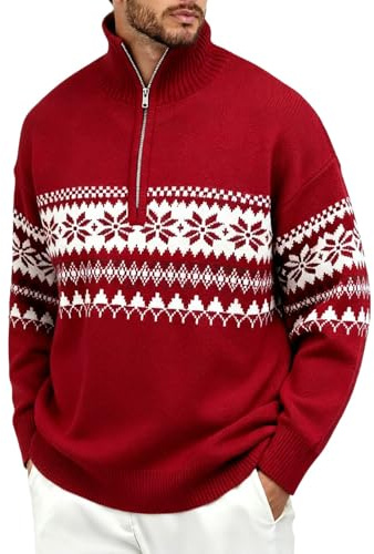 Jersey noruego para hombre, cuello alto, jersey de punto, menta, cremallera 1/4, estampado jacquard, jersey de Navidad, cuello alto, a prueba de viento, sudadera de lana, chaqueta de otoño, rojo, XXL