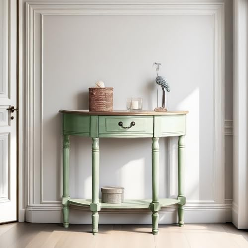 BAYTEWJX Tavolo da Ingresso a Mezzaluna,Semicircolare Tavolo Consolle in Legno,con Cassetti e Ripiani,per Corridoio Foyer Soggiorno.(Green)