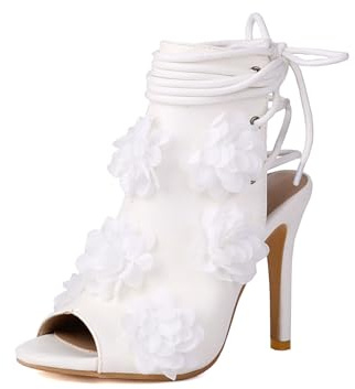 Generico Stivaletti Sandalo Donna con Lacci E Fiori Peep Toe Slingback Tacco A Spillo Alto Scarpe Eleganti per Matrimonio Cerimonia Festa Cocktail Sera