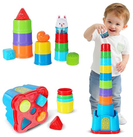 iPlay, iLearn Baby Stacking Toys, Toddler Nesting Stack Cups, Infant Stackable Block, Kids Sorting Game W/Shape Sorter for Sand Bath, Birthday Gift for 12 18 24 Month 1 2 3 Year Old Boys Girls