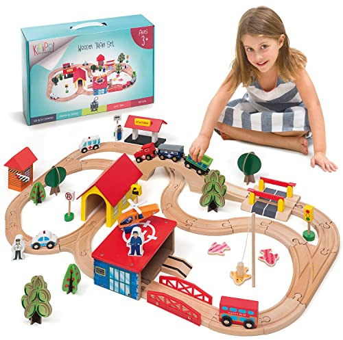 KipiPol Wooden Train Set - 69 Pieces Wooden Train Tracks & Trains for Kids, Toddler Boys and Girls 3,4,5 Years Old and Up– Premium Wood Construction Toys -Fits Thomas, Brio, IKEA, Melissa and Doug