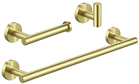 KES Gold Bathroom Accessory Set 3 Piece 40CM Towel Rail and Toilet Roll Holder and Coat Hook Wall Mounted Stainless Steel 18/8 Brushed Gold, LA20BZ-32