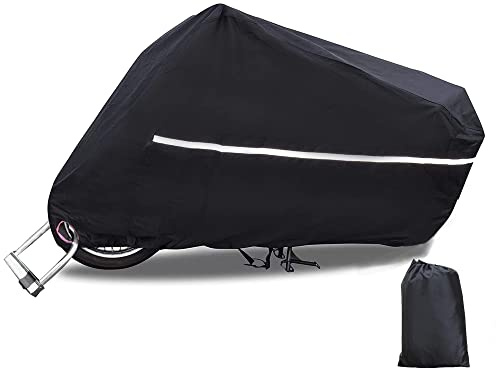 Large Motorcycle Cover, Durable All Season Outdoor Waterproof Scooter Covers with Lock-Holes and Storage Bag - Fits up to 85 125cc -150cc Motorbike, Black with Reflective Strips
