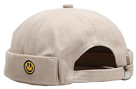 Unisex Docker Cap Hats Skullcap Beanie Worker Sailor Cap Brimless Cap Retro Rolled Cuff Skull Caps with Adjustable (Smiley-Beige)