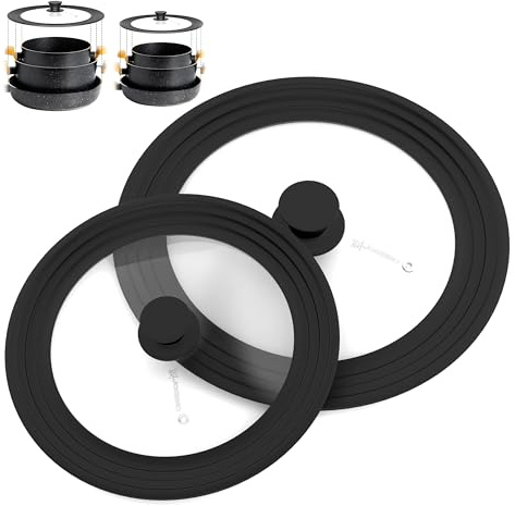 LSR Loreso Universal Pan Lid for Pots Pans and Skillets 7.5-11.5 Inch - Tempered Glass Pot Lid Set with Auto-Sizing Silicone Rim, 2 Pack Black