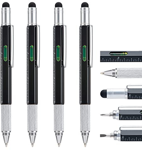 4 Stücke Multitool Pen Stift mit Extra Nachfüll, 6-in-1 Werkzeug mit Lineal & Levelgauge, Multifunktionale Metall Kugelschreiber, Cool Gadget für Männer, Geschenk für Mann Papa Vater Freund (Schwarz)