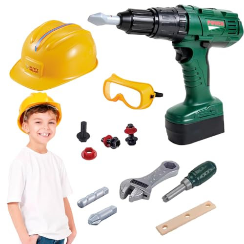 COO11 Electric Drill Toy with Helmet, Kids Tool Set Construction Role Play with Electric Drill Sound, Set Safety Glass Wrench Pliers, Nuts, Bolts, Screwdriver, Head Bits for Boys and Girls Age 3+