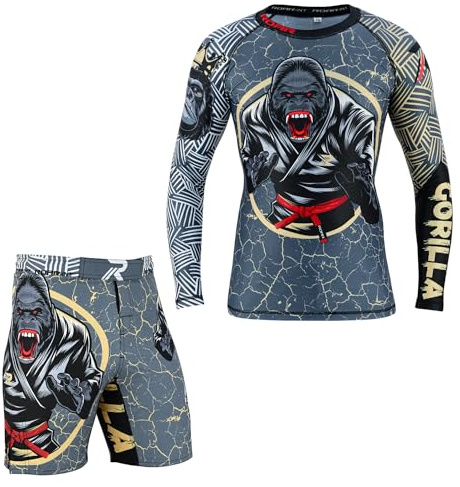 ROAR-INT MMA Rash Guard & BJJ Shorts Set Kids Fight Training Grappling Wear Jiu Jitsu Gi Trunks Outfit Set (Standard, Medium, Gorilla-2Pcs-Set)