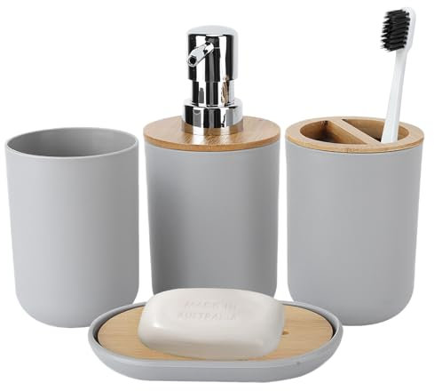 Badezimmer Zubehör Set 4 Teilige Badezimmer Set mit Zahnbürstenhalter, Zahnputzbecher, Seifenspender, Seifenschale, Zahnputzbecher Set für Zuhause, Hotel, Badezimmer, Arbeitsplatte Grau