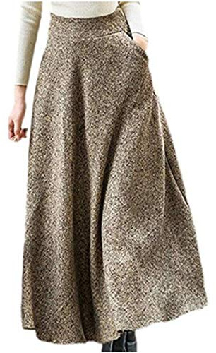 BININBOX Jupe Trapèze en Laine Femme Longue Ligne A Taille Haute Automne Hiver (Kaki, XXL)