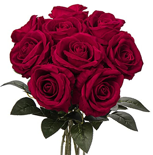 Grande rosa artificiale in velluto con stelo singolo lungo 48 cm, bouquet di rose finte realistiche, fiori finti decorativi, per matrimoni, casa, feste, hotel, ufficio, bordeaux, 9 pezzi