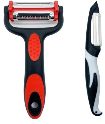 senvenelec Pelapatate 3 in 1 (sbucciatore), ideale per sbucciare patate, carote e varie verdure e frutta. Lama in ceramica, manico antiscivolo, nero rosso 2 pezzi.