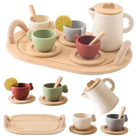 OESSUF Teeservice Kinder Silikon Holz Kinderküche zubehör, Tee Set Kinder Spielküche zubehör, Küchenzubehör Rollenspiele Holzspielzeug Geburtstag Schulanfang Geschenk Mädchen Jungen 1 2 3 4 5 Jahre