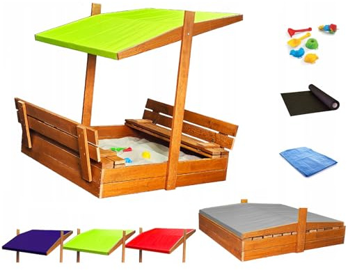 Sandkasten aus Holz mit Sitzbank Dach Abdeckung Imprägniert Sandbox (Grün)