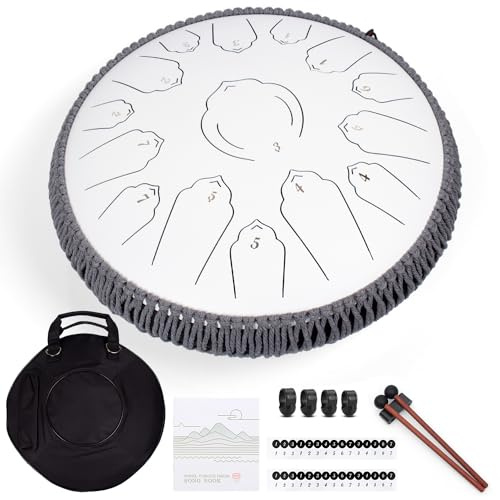 AMKOSKR Tambor de lengua de acero, 14 pulgadas, 35 cm, acero tongue, en C mayor de 15 notas, tambor de mano con baquetas, bolsa de transporte, color blanco