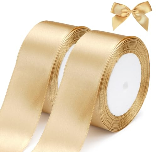 2 Rotoli Nastro Raso Dorato, Oro Largo 4 cm, 44 Metri (50Yards), Nastro Elegante per Bomboniere, Confezioni Regalo, Artigianato(22m/rotolo)
