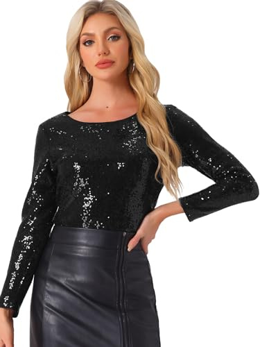 Allegra K Donna Top da Sera con Paillettes Eleganti A Maniche Lunghe Maglia con Paillettes Camicetta con Brillantini da Party Nero S