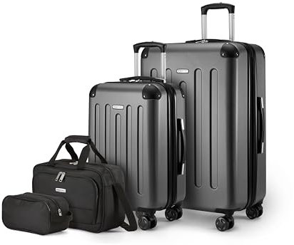 Amazon Basics Hartschalenkoffer-Set, 4Stück, Großer Koffer, Handgepäckkoffer, Tragetasche, Kompakte Reisetasche, Erweiterbar, 4 Spinner-Räder, Schwarz