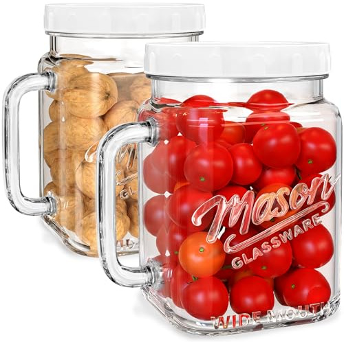 Absovetu 2 Pack Large Glass Jars with Lids 2160 ml/74oz - Wide Mouth Mason Jars with Handle Glass Storage Jars with Airtight Lids for Juice Milk Water Pickle Hot Chocolate Coffee