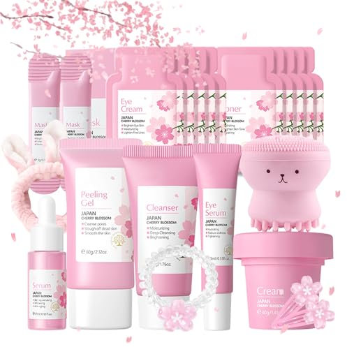 Gesichtspflege Set für Mädchen und Frauen, Anti-Falten Hautpflege Set für Gesicht, Feuchtigkeit Sakura Skincare Set mit Serum Creme Mask Cleanser Toner Augencreme - Täglichen Hautpflege