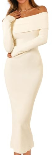 MEROKEETY Women's Winter Off Shoulder Bodycon Sweater Dress 2026 Spring Formal Long Sleeve Elegant Club Party Midi Dresses, Beige, X-Small
