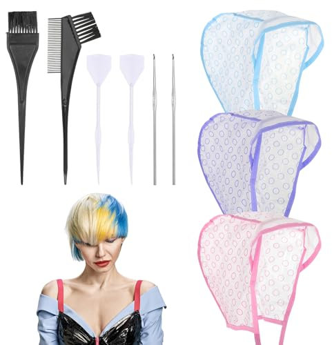 JJUNW 3 Pcs Hair Highlighting Caps, Bleach Cap Coloring Frosting Dye Kit, Highlighting Kit, Highlight Cap with Hooks Highlight Hair Coloring Frosting Dye Kit for Salon Hair Dyeing Hairdressing