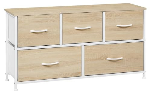 WOLTU Kommode mit 5 Schubladen aus Stoff, Kommodenschrank Sideboard TV-Schrank, für Wohnzimmer Schlafzimmer Flur, aus Metallrahmen Holzwerkstoff, Helle Eiche + Weiß, SSK005whe